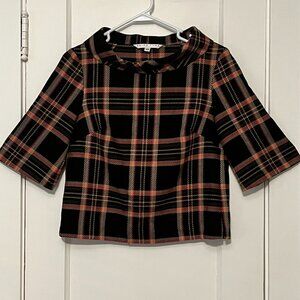 Trina Turk mock neck plaid blouse size XS 3/4 sleeve preppy dark academia fall